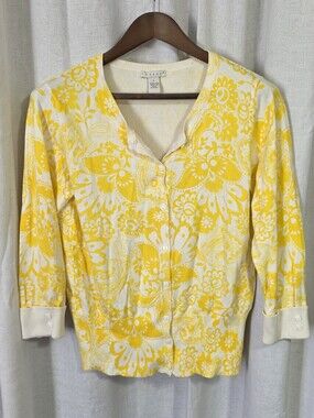 Tweeds Yellow and Cream Floral Vintage Button-Up Cardigan